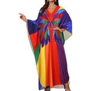 Women Colourful Butterfly V-Neck Batwing Sleeves Smocked Waist Maxi Kaftan Dress